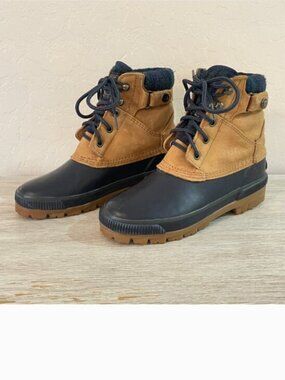 Vintage American Eagle Boots Bootie StormGear Y2K Navy Blue Rubber Tan Leather 6